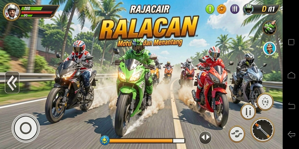 Gameplay mendebarkan dari RAJACAIR yang menunjukkan aksi balapan motor.