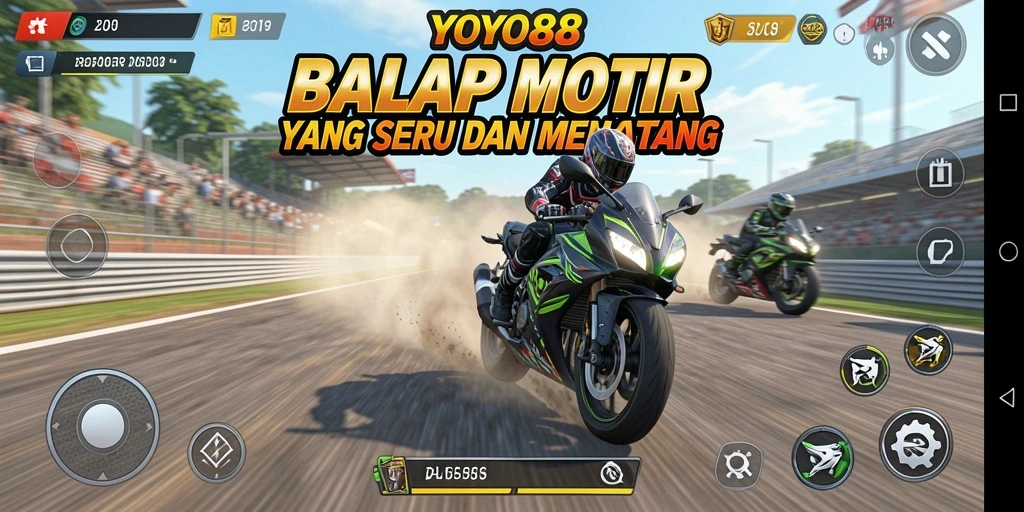Gameplay <strong>YOYO88</strong> menunjukkan balapan motor yang intens dan mendebarkan.